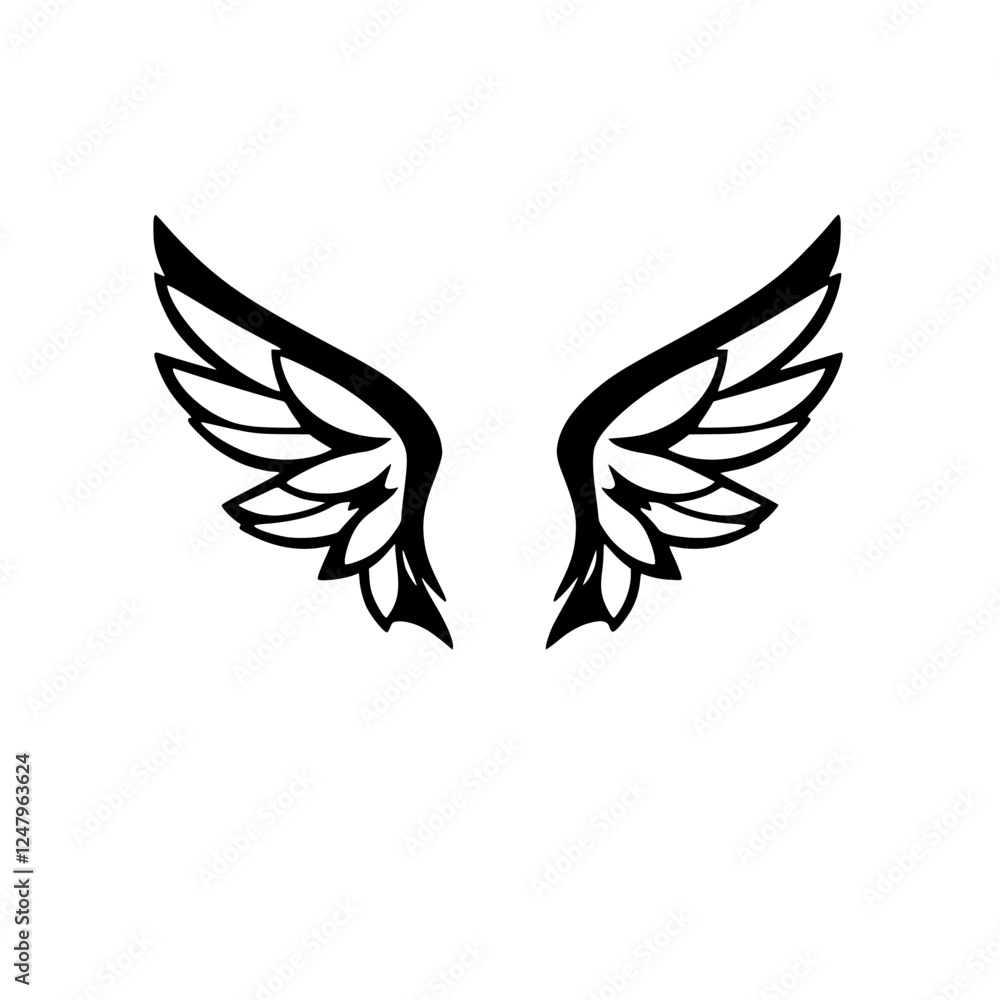 Obraz premium Intricate Black Wing Silhouette on White Background: A Graphic Interpretation of Freedom and Divinity.