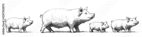 Vector pigs in various sizes, depicting the growth stages of the animal. Each pig showcases unique characteristics and charm. Copy space for text