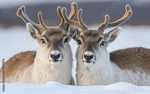 Two Reindeer in Winter Snow, Portrait, Nature Scene, Ideal for wildlife calendars or prints photo