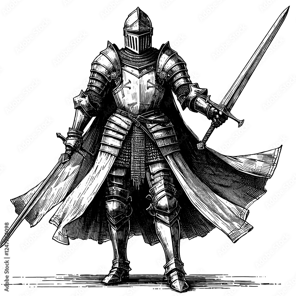 Fototapeta premium Warrior with sword and shield, line sketch engraving, black and white