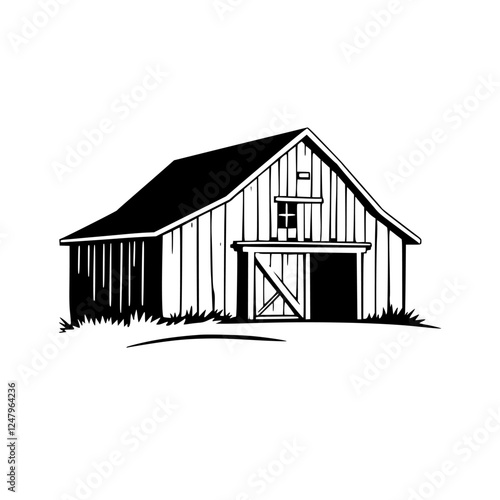 Black and white drawing of a traditional barn on a white background with grass, representing country life and simplicity.