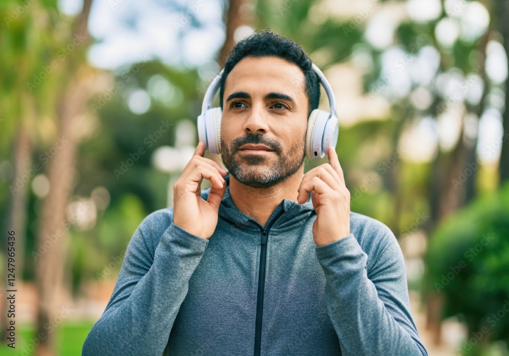 Man enjoying music outdoors with headphones Man enjoying music outdoors with headphones
