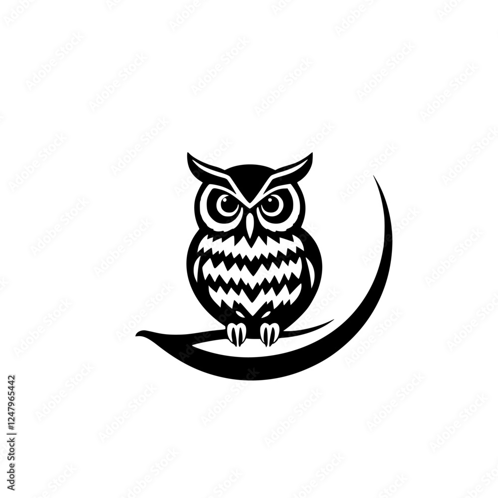 Black and White Owl Silhouette on a Branch with Crescent Moon Background Black and White Owl Silhouette on a Branch with Crescent Moon Background