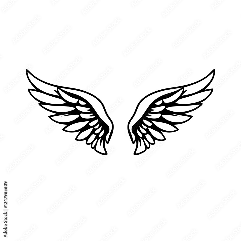 Fototapeta premium Black and white symmetrical feather design, portraying angel wings, placed against a clean white background.