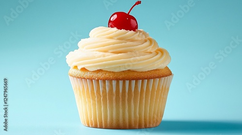 Vanilla cupcake, cherry topping, blue background, dessert, food photography photo