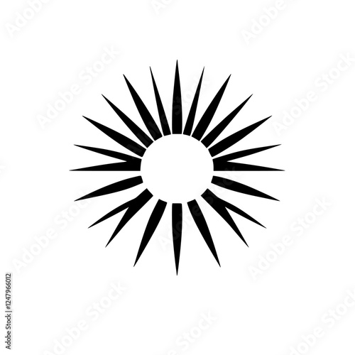 A minimalist black-and-white sunburst illustration against a plain white background, featuring a central white circle and sharp points emanating outwards.