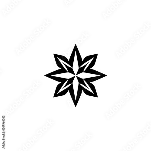 Black and white star-shaped design with eight points, centered on a white background, clean composition.