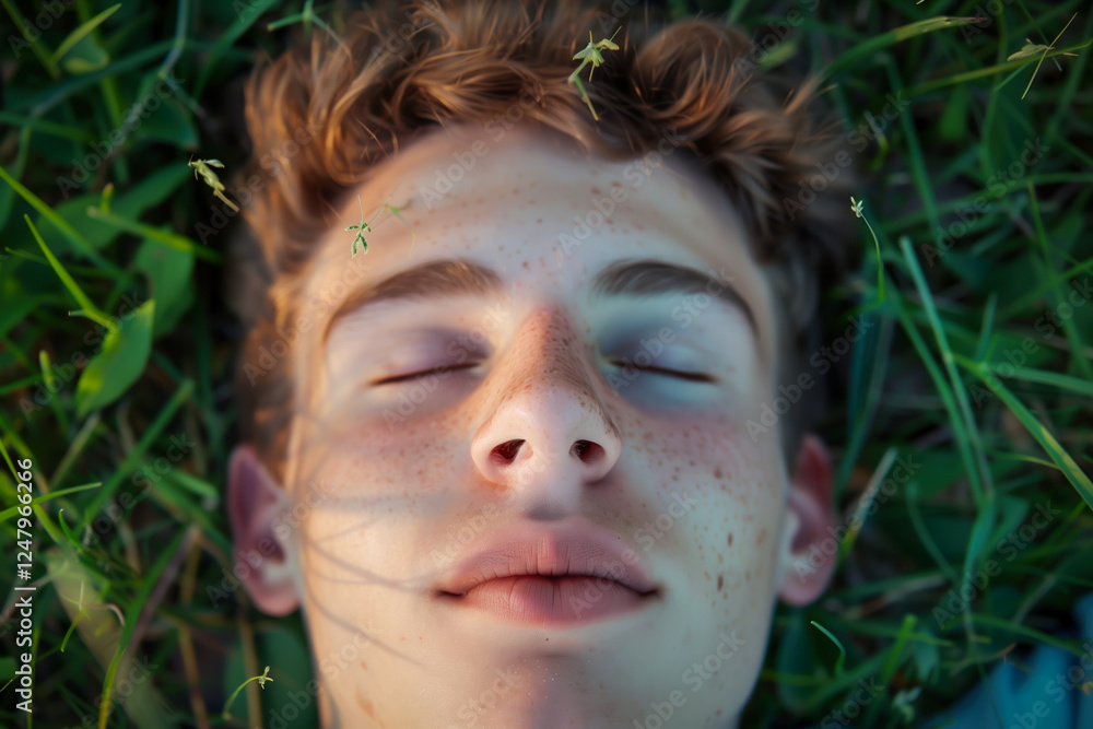 Close up top view of serene, relaxed young man lying down on grass with eyes closed. Well being and lifestyle concept. Close up top view of serene, relaxed young man lying down on grass with eyes closed. Well being and lifestyle concept.