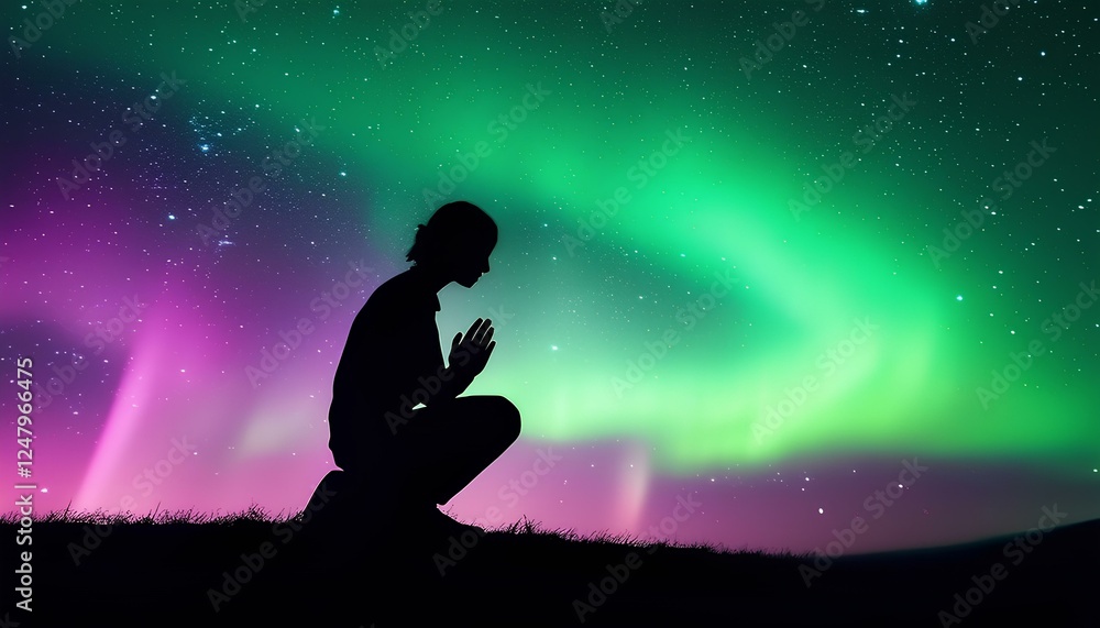 A silhouette of an individual kneels in a grassy area, admiring vibrant auroras that light up the night sky with green and purple hues. The serene atmosphere evokes a sense of wonder. A silhouette of an individual kneels in a grassy area, admiring vibrant auroras that light up the night sky with green and purple hues. The serene atmosphere evokes a sense of wonder.