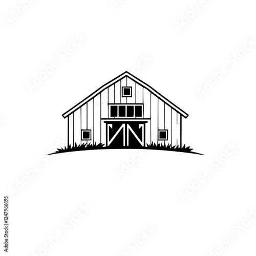 Black and white barn illustration of a barn with grass, set against a white background.