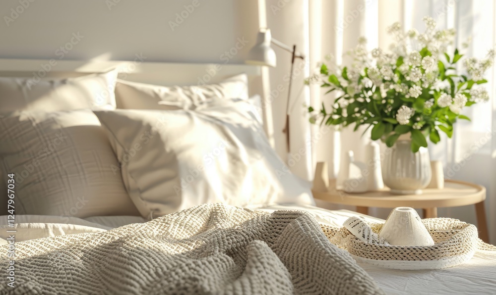 Closeup Bedroom With Soft Bedding And Knitted Blanket near White Flowers Nearby Side Table.