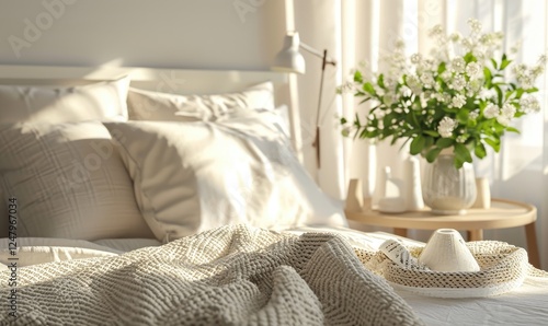 Obraz na płótnie Closeup Bedroom With Soft Bedding And Knitted Blanket near White Flowers Nearby Side Table. w salonie