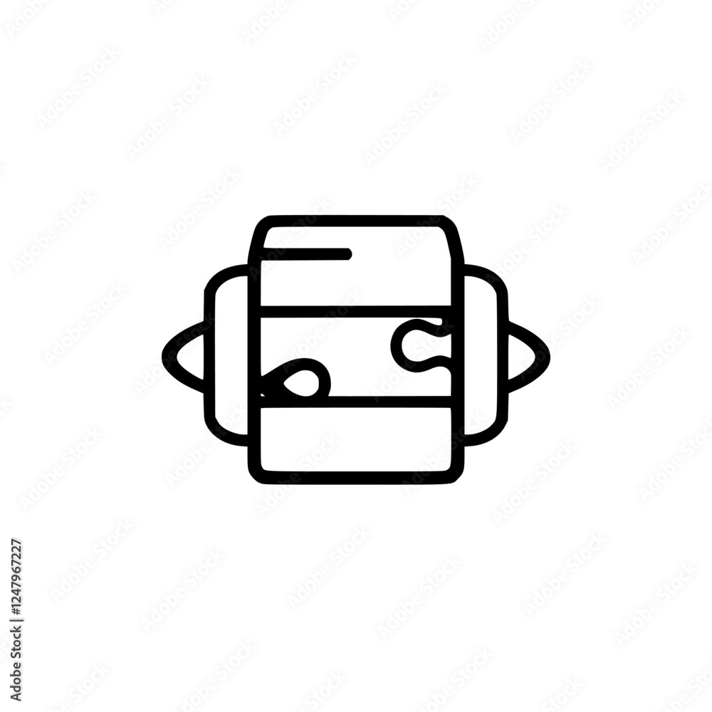 Minimalist black and white icon resembling a stylized insulated water bottle with two side handles, puzzle piece, and a white background. Minimalist black and white icon resembling a stylized insulated water bottle with two side handles, puzzle piece, and a white background.