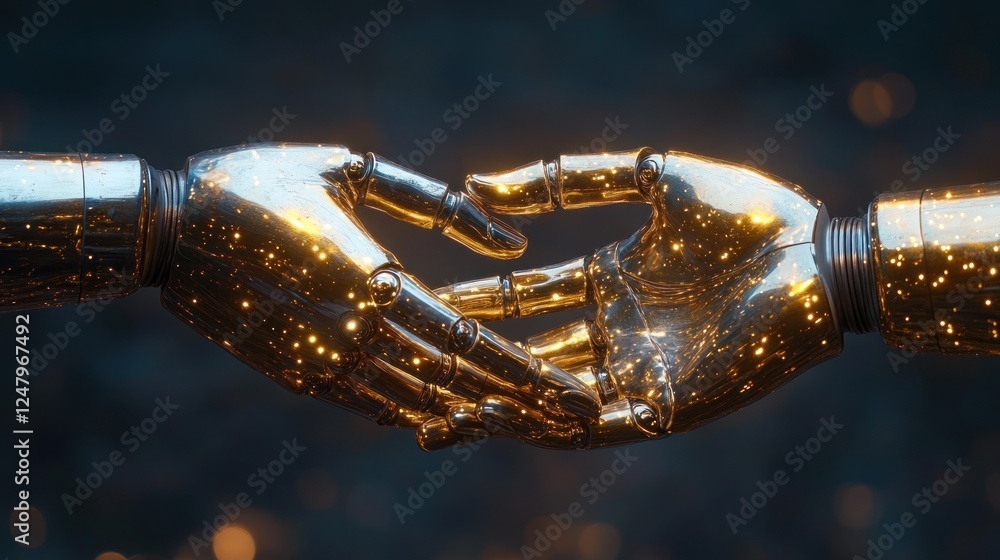 Two metallic robotic hands shaking, signifying collaboration or agreement. Two metallic robotic hands shaking, signifying collaboration or agreement.