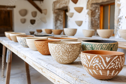 Artisan painting hand spun pottery bowls with natural hues, showcasing craftsmanship photo