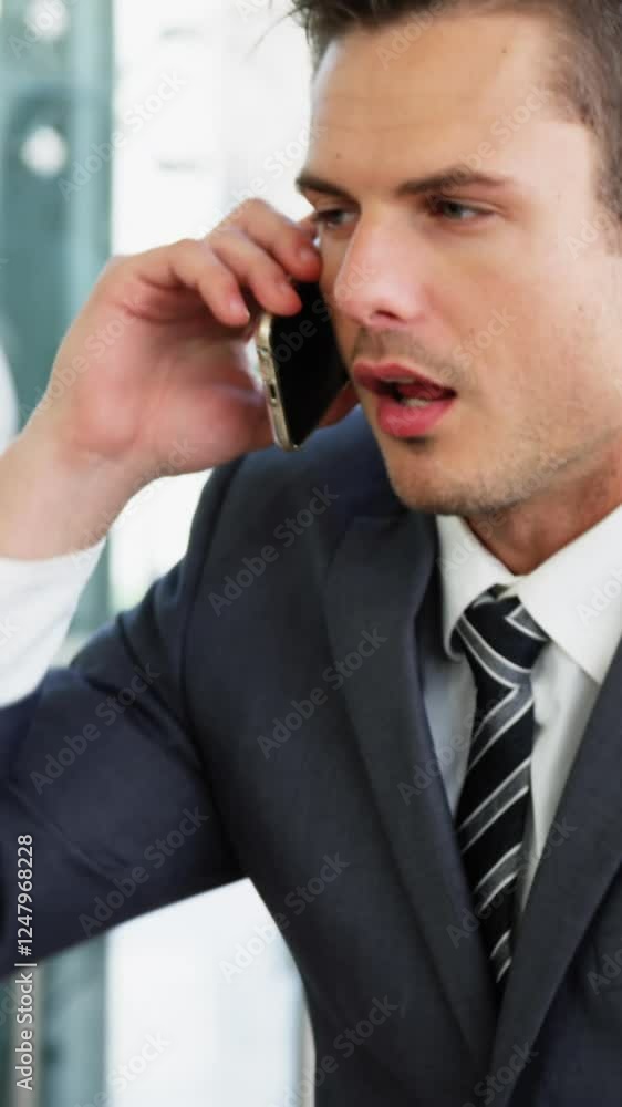 Businessman picking up a call while working in laptop Businessman picking up a call while working in laptop