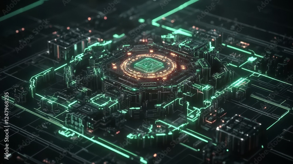Abstract Futuristic Technology Circuitry Glowing Green Energy Core Network Digital Data Abstract Futuristic Technology Circuitry Glowing Green Energy Core Network Digital Data