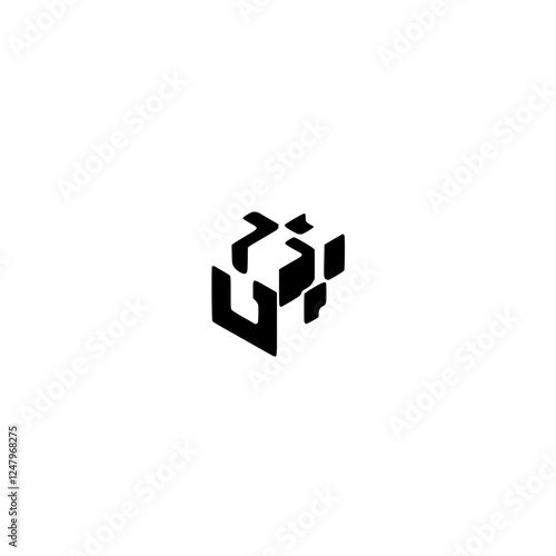 Abstract geometric minimalist cube-shaped logo in black and white on white.