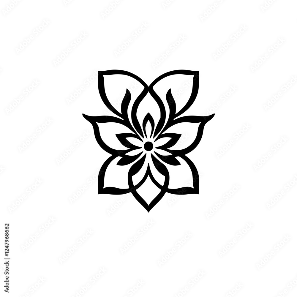 Symmetrical black-and-white illustration of a floral mandala design. Symmetrical black-and-white illustration of a floral mandala design.