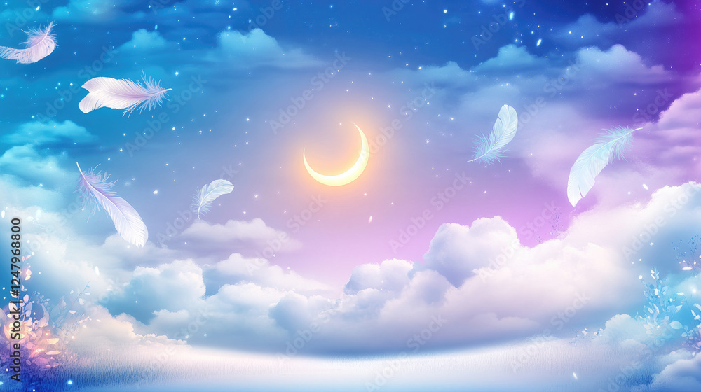A dreamy cloudscape with a glowing crescent moon and floating feathers, symbolizing tranquility and restful sleep. A dreamy cloudscape with a glowing crescent moon and floating feathers, symbolizing tranquility and restful sleep.