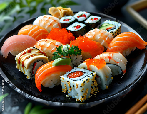 Sushi platter showcase japanese cuisine food photography vibrant setting close-up view culinary art photo