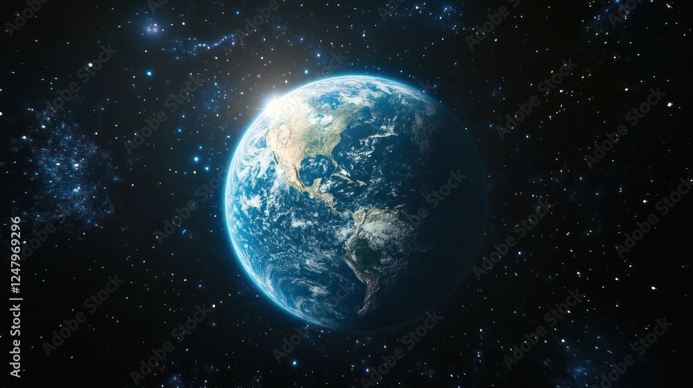 Earth from space, showing North and South America, surrounded by stars. Earth from space, showing North and South America, surrounded by stars.