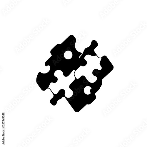 Abstract black and white puzzle with two pieces interlocked on a white background, minimalist design.