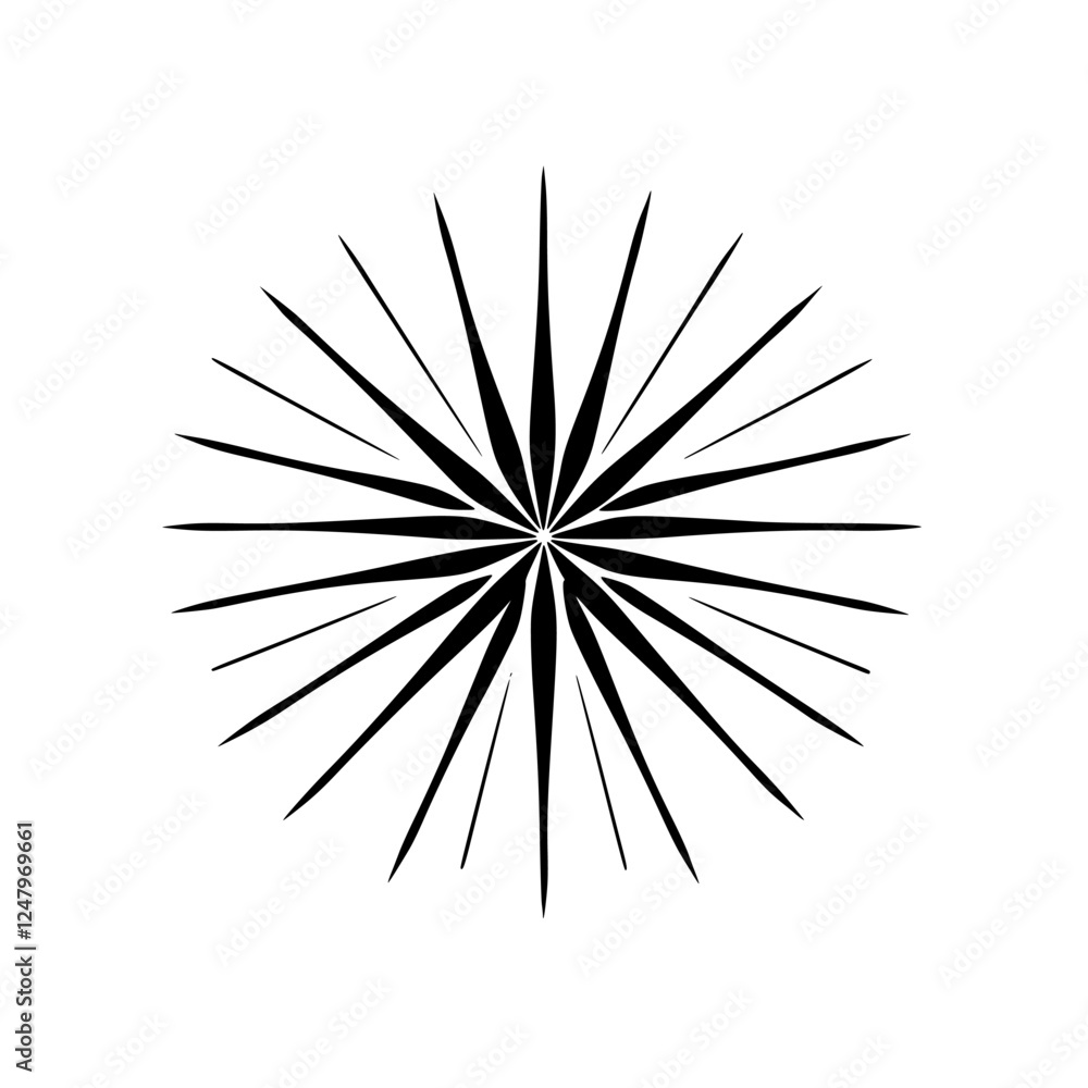 Black and White Starburst, a geometric design with radial symmetry, stark lines on a white background. Black and White Starburst, a geometric design with radial symmetry, stark lines on a white background.