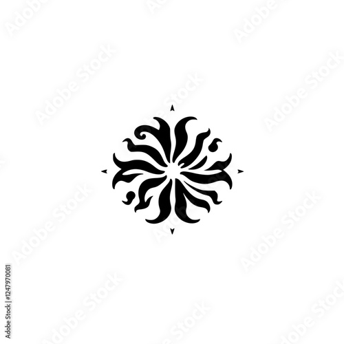 Black and white floral design with a compass-like element radiating from its center on a clean white background.