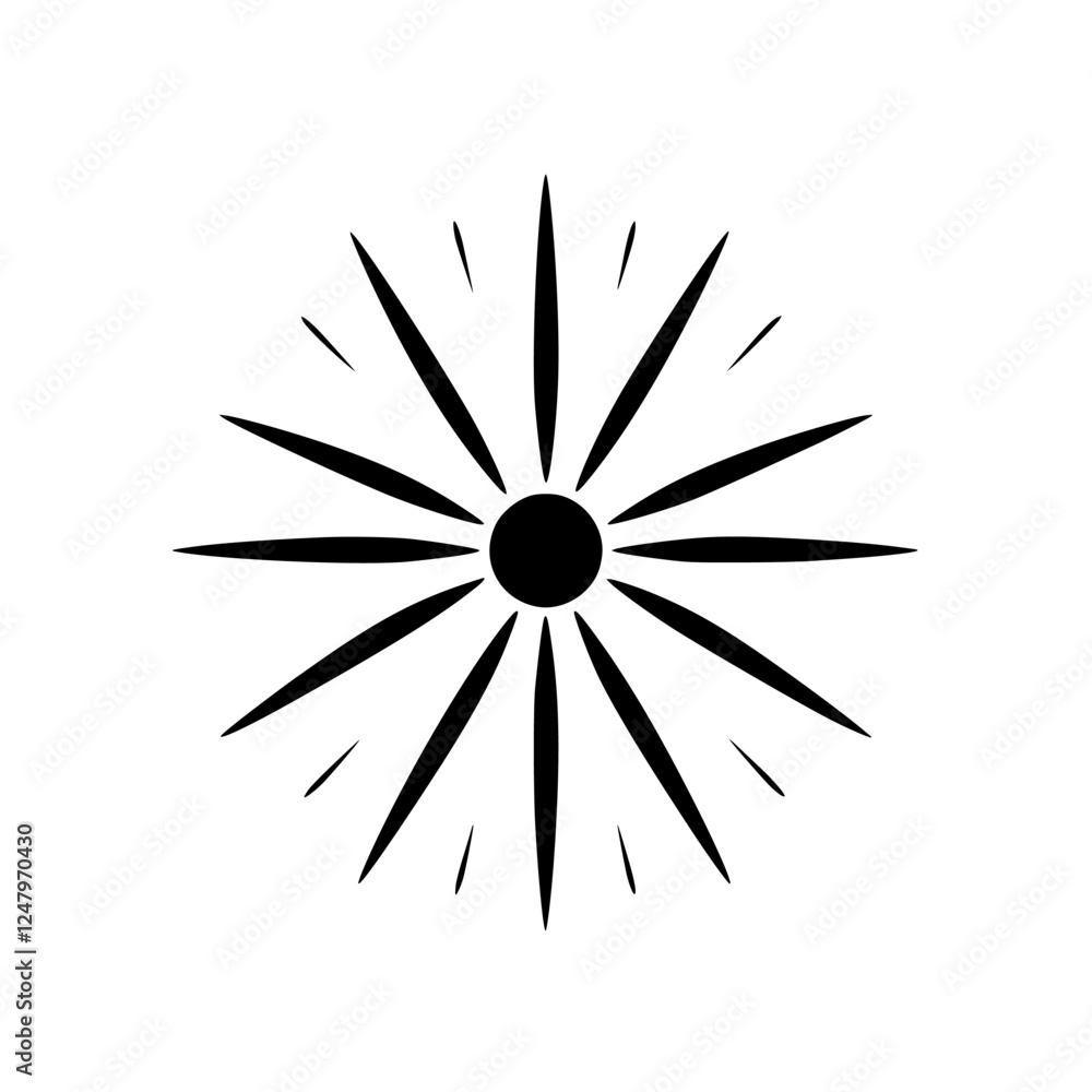 Obraz premium Stylized Black Sunburst radiating from a central, circular form, set against a white background, creating a simple yet impactful aesthetic.