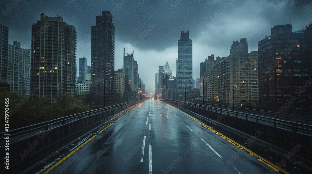 Fototapeta premium City skyline at rainy weather view from bridge, urban cityscape architecture at thunderstorm. Metropolis with empty road, skyscraper buildings, town or downtown district, Cartoon vector illustration