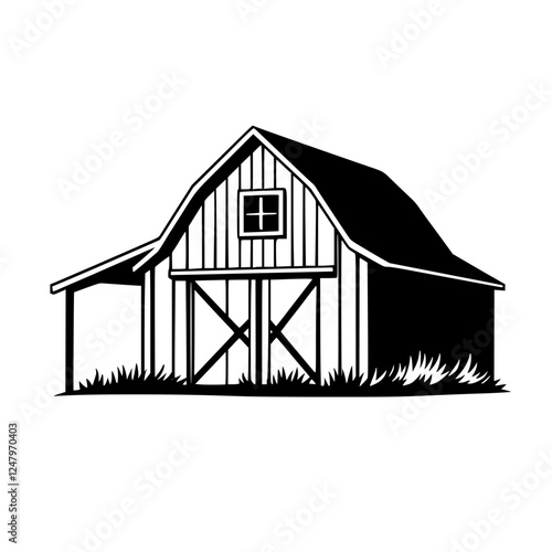 Barn, in a minimalist black and white style, showing a minimalist design, simple, clean and detailed
