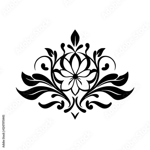 An intricate black and white design of an ornate floral design. A symmetrical floral and leaf design composed of black and white color.