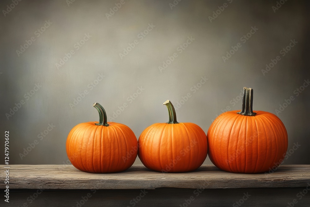 A rustic display of three vibrant orange pumpkins on a weathered wooden table, set against a softly blurred background, encapsulating the essence of fall and seasonal festivities. A rustic display of three vibrant orange pumpkins on a weathered wooden table, set against a softly blurred background, encapsulating the essence of fall and seasonal festivities.
