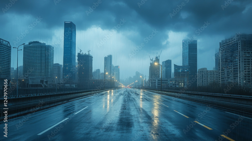 Fototapeta premium City skyline at rainy weather view from bridge, urban cityscape architecture at thunderstorm. Metropolis with empty road, skyscraper buildings, town or downtown district, Cartoon vector illustration