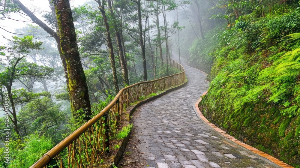 Fototapeta premium Serene winding pathway through a misty forest with lush greenery and stone path