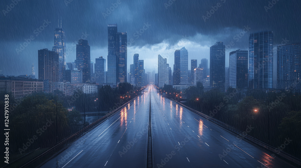 Fototapeta premium City skyline at rainy weather view from bridge, urban cityscape architecture at thunderstorm. Metropolis with empty road, skyscraper buildings, town or downtown district, Cartoon vector illustration