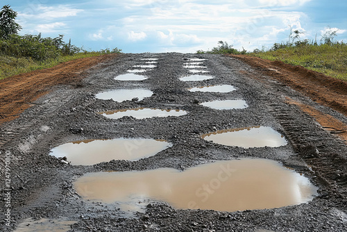 Potholes on Dirt Road - Muddy Water Puddles photo