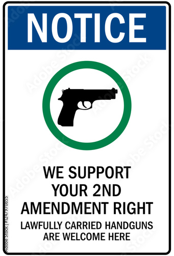 Gun owner safety sign we support your 2nd amendment right. Lawfully carried handguns are welcome here
