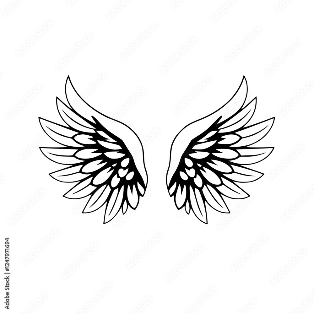 Angelic wings: A pair of minimalist wings set against a white backdrop. Black and white. Angelic wings: A pair of minimalist wings set against a white backdrop. Black and white.