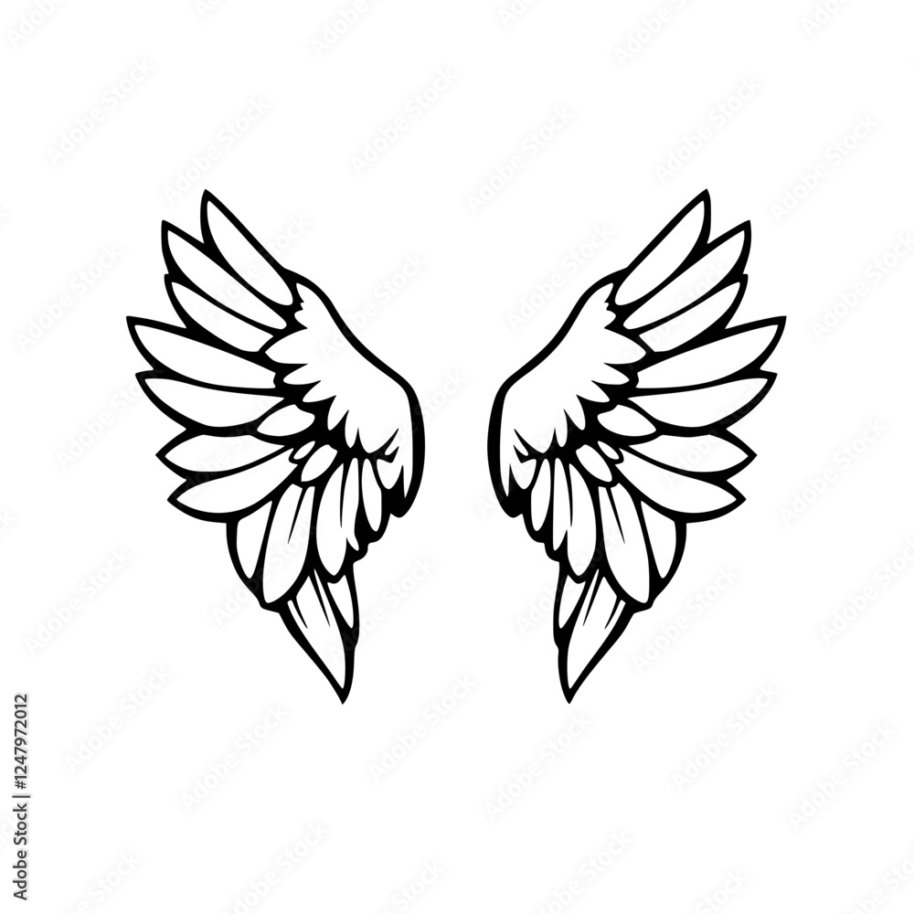 Fototapeta premium Symmetrical grayscale illustration of angel wings against a white background, artistic and minimalist.