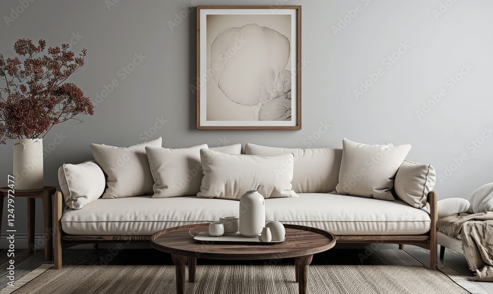 Modern Scandinavian living area with cozy beige sofa and mug in wooden coffee table. Abstract artwork frame on light grey wall.