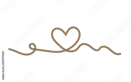 Vector illustration of heart shape rope style decoration element. Linear love heart design formed with rope