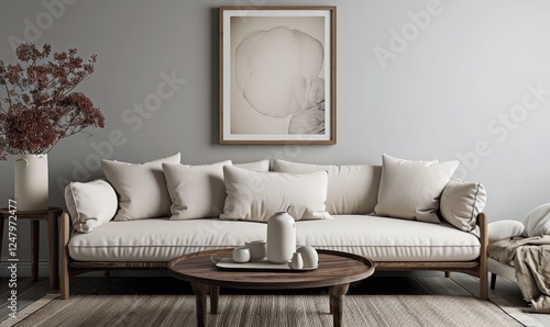 Obraz na płótnie Modern Scandinavian living area with cozy beige sofa and mug in wooden coffee table. Abstract artwork frame on light grey wall. w salonie
