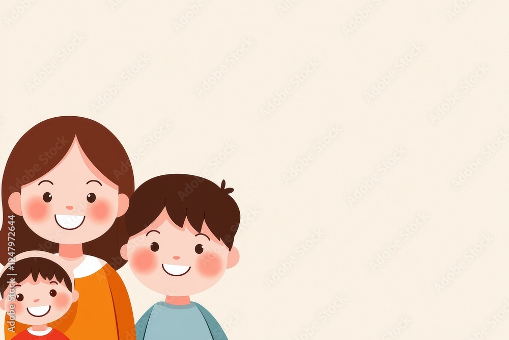 Happy Cartoon Family Illustration with Smiling Faces on Light Background Happy Cartoon Family Illustration with Smiling Faces on Light Background