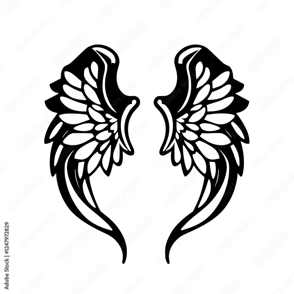 Fototapeta premium Sleek, black and white angel wing illustration on a white background.