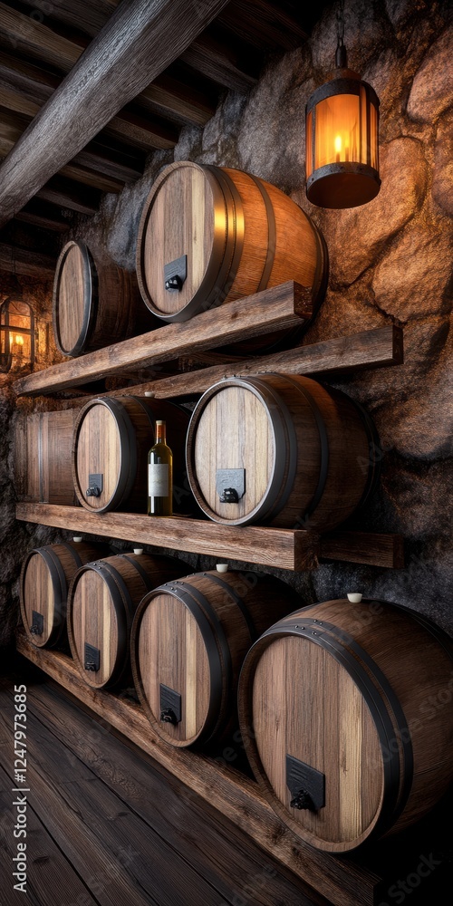 A warm and inviting wine storage area featuring rustic barrels and warm lighting, perfect for showcasing fine wines and creating a charming atmosphere in any cellar. A warm and inviting wine storage area featuring rustic barrels and warm lighting, perfect for showcasing fine wines and creating a charming atmosphere in any cellar.