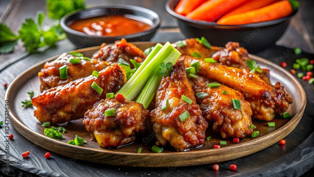 Fototapeta premium Ramadan Feast – Crispy Spicy Chicken Wings with Sweet Barbecue Sauce and Appetizers