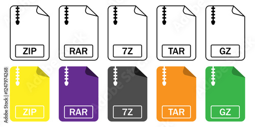 Set of vector icons for compressed file formats (ZIP, RAR, 7Z, TAR, GZ) in outline and color styles. Perfect for apps, websites, and digital design.