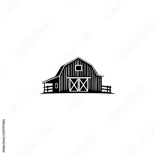 Black and white barn silhoutte with a picket fence and a simple, graphic style.